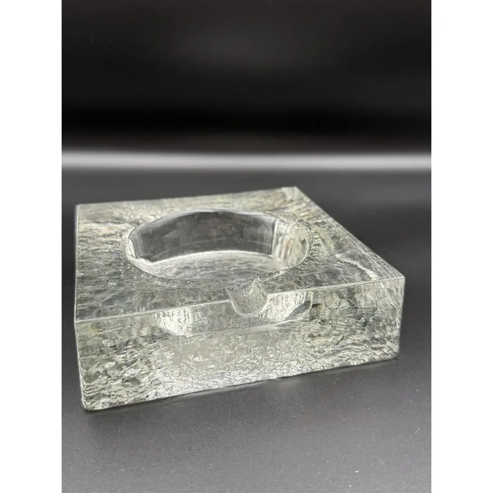 Vintage Scandinavian Clear Ice Block Glass Ashtray Mid Century Modern Brutalist